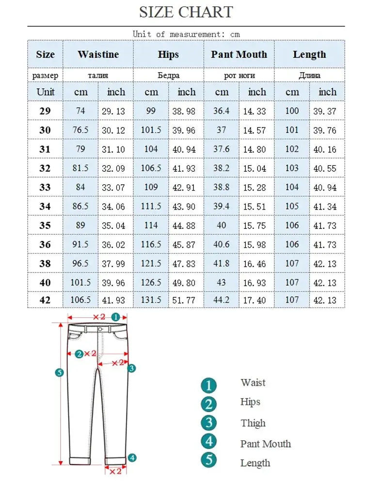 Simples Market Spring and Autumn Men's baggy denim jeans with wide-leg fit, size chart and measurement diagram.
