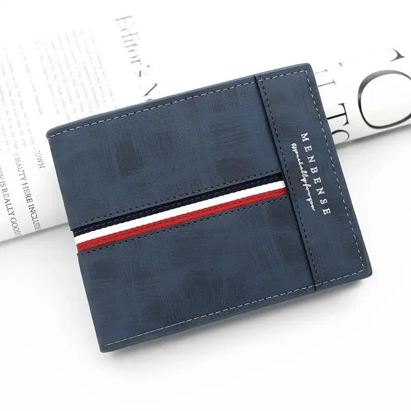 Slim men's wallet by Simples Market in navy PU leather with red-white stripe