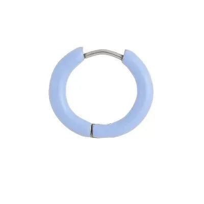 Light blue circular single hoop earring with metal hinge.