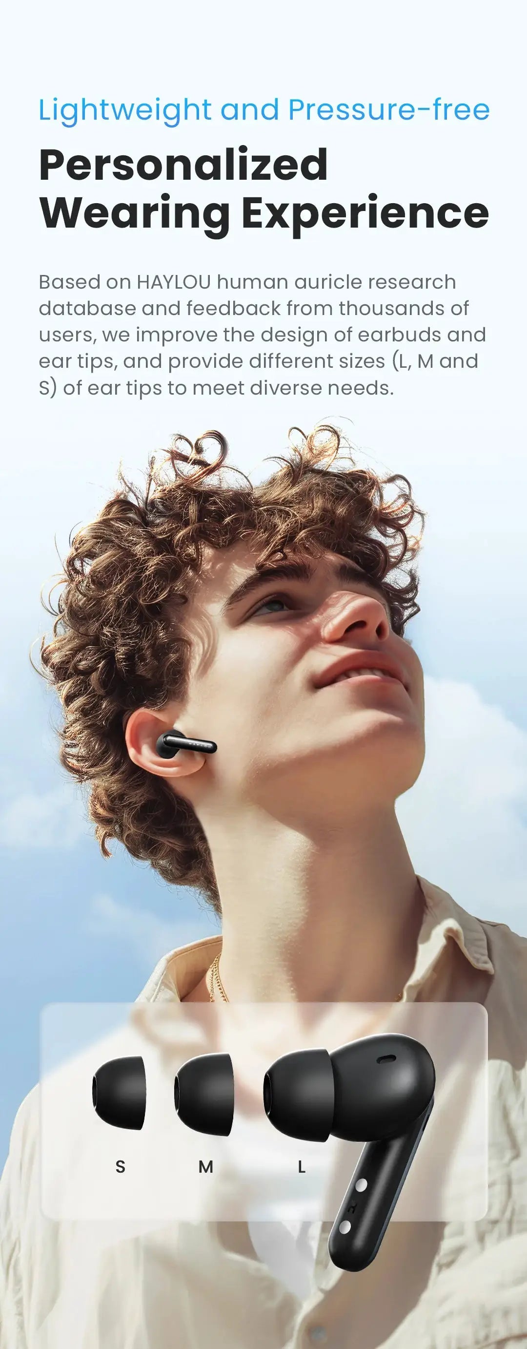 HAYLOU Mori Pro wireless earbuds in black with three ear-tip sizes S, M, L shown