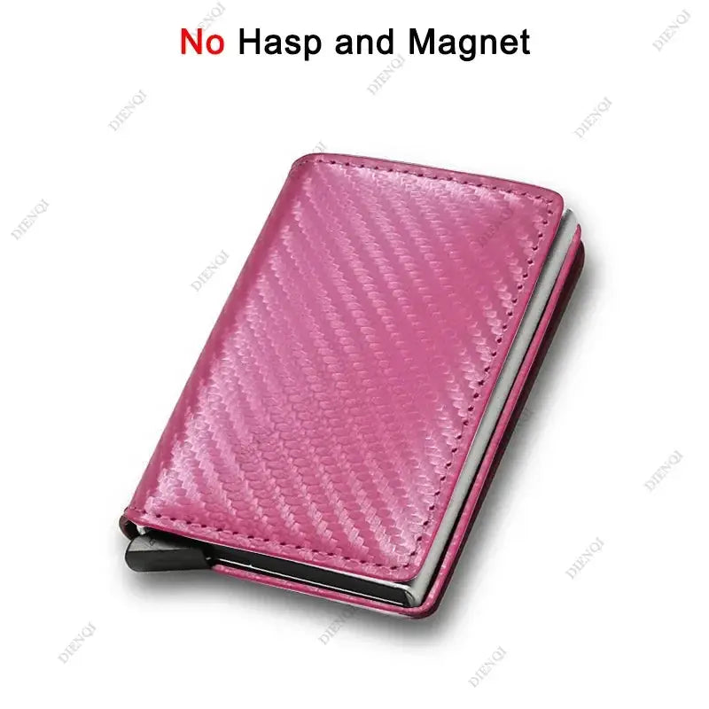 RFID-blocking carbon fiber card holder in pink with automatic pop-up slot by Simples Market