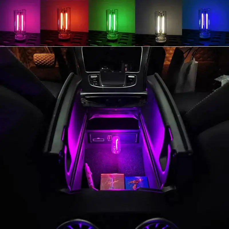 Simples Market portable USB touch night light with LED filament; purple car ambient glow, five color variants.