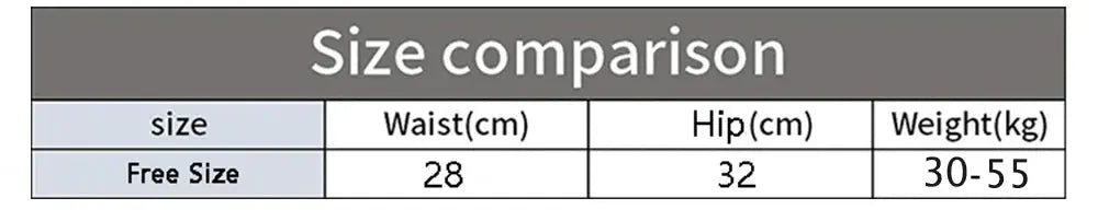 Size comparison chart for women's panties (free size): waist 28 cm, hip 32 cm, weight 30–55 kg.