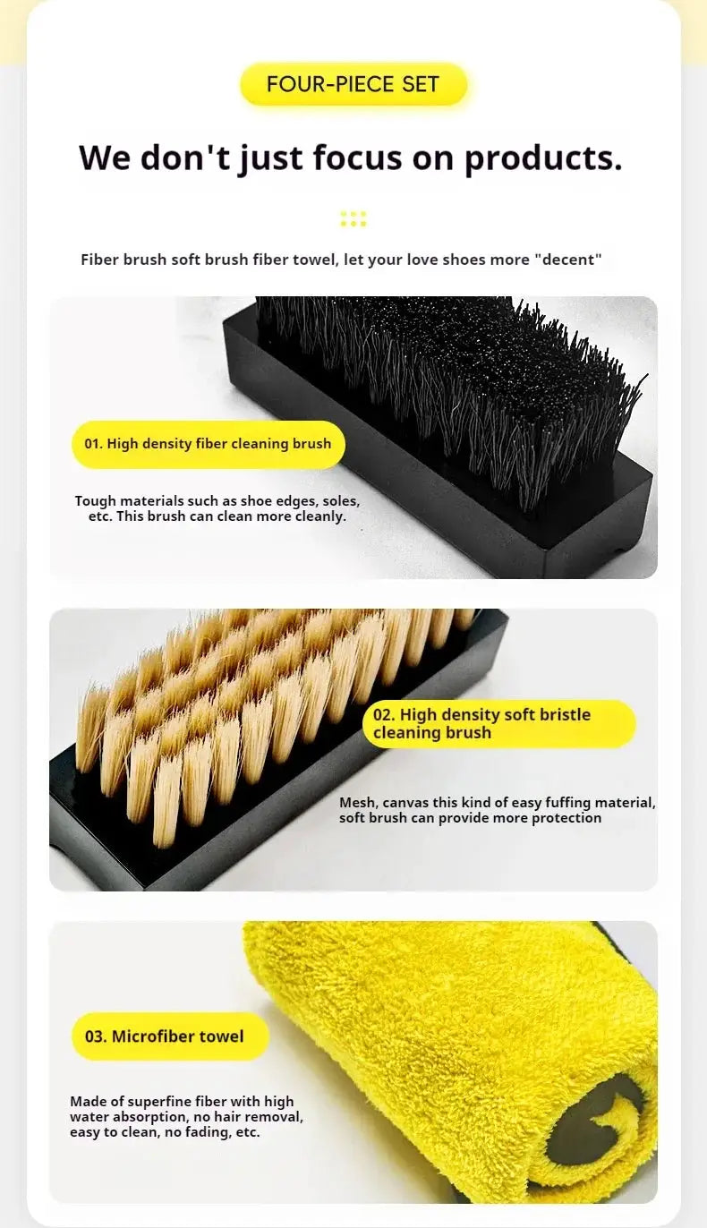 Simples Market four-piece shoe cleaning kit with black fiber brush, tan soft-bristle brush, and yellow microfiber towel