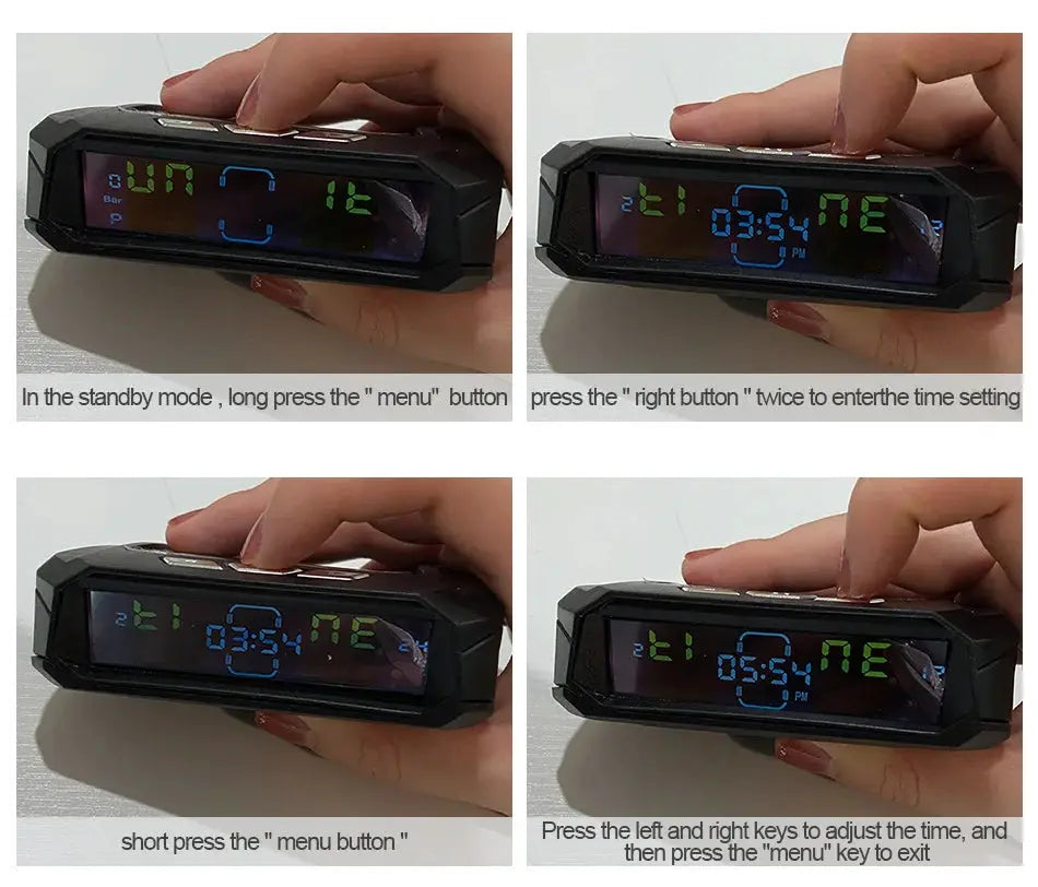 E-ACE car TPMS sensor with 8-bar smart system, rectangular black device with blue/green LCD display