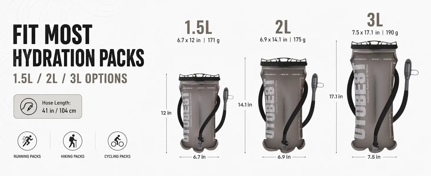 UTOBEST hydration pack reservoir by Simples Market, gray three sizes 1.5L/2L/3L with hose and dimensions.