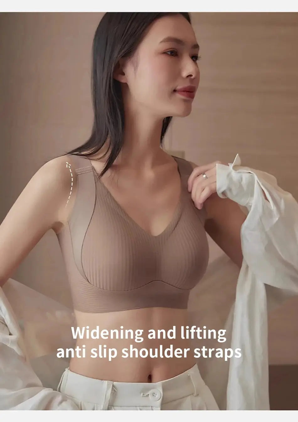 Simples Market seamless wireless bra in nude beige with wide anti-slip straps for lift.