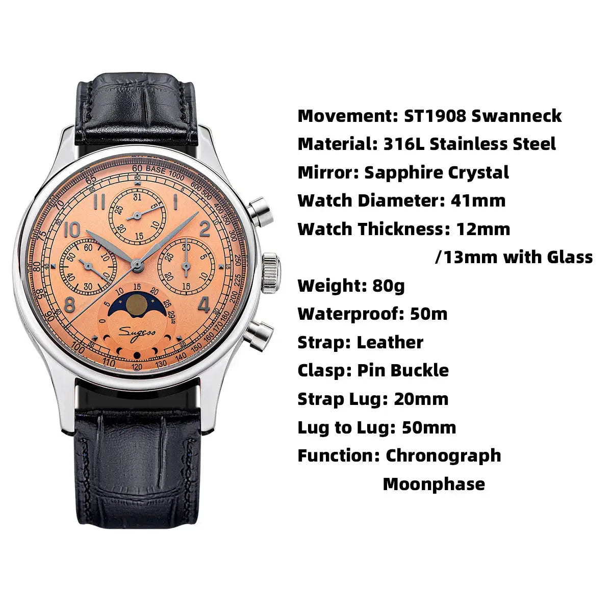 Sugess men's chronograph watch with peach dial, moonphase, stainless steel case, and black leather strap