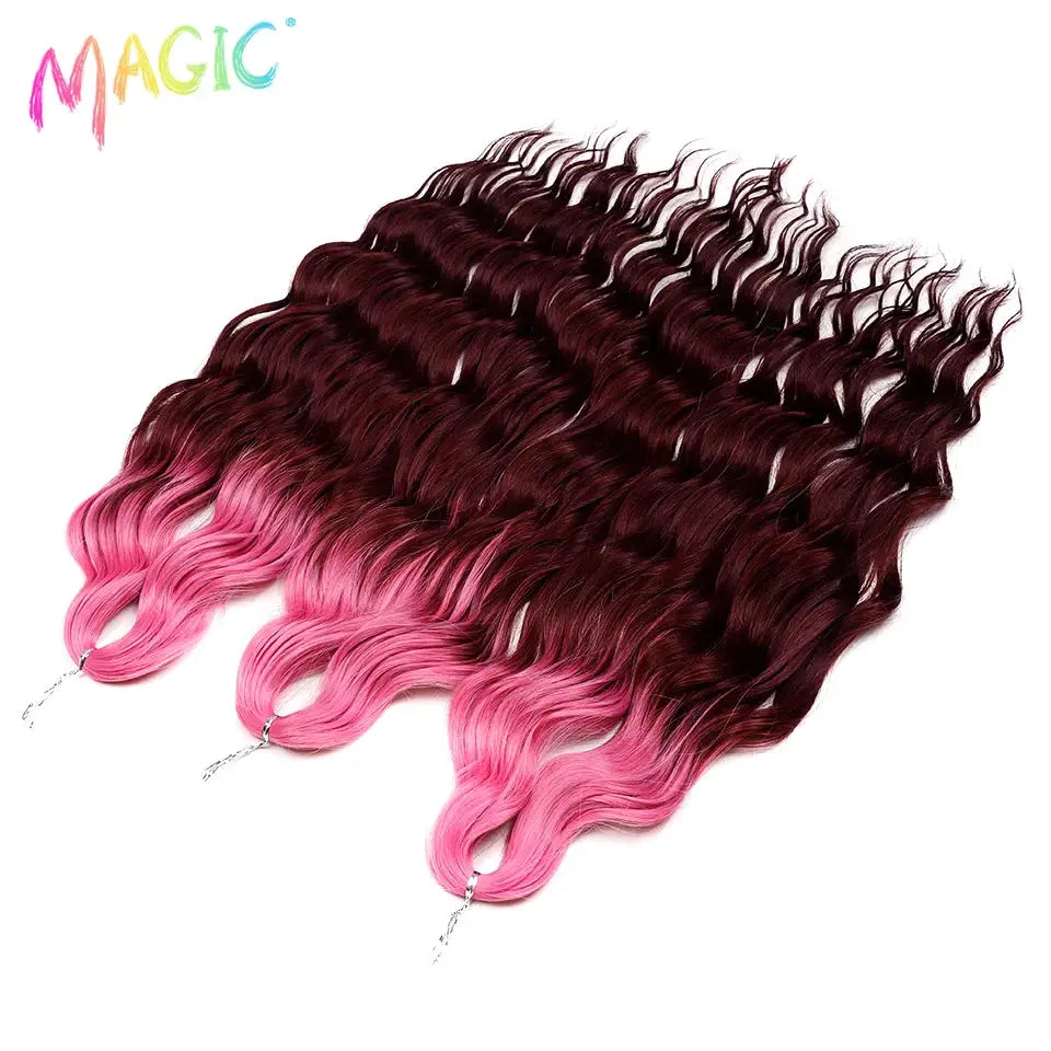 Anna synthetic hair 24-inch water-wave braiding extensions in burgundy to pink ombre, four bundles with Magic logo