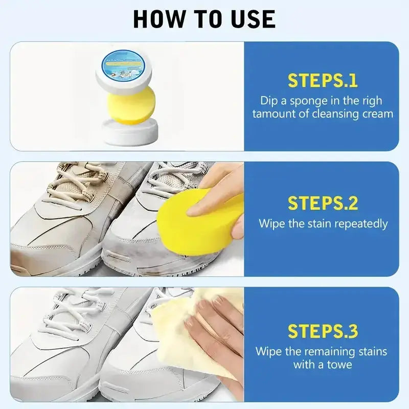 White Shoe Cleaner Paste by Simples Market with yellow sponge and three-step usage guide