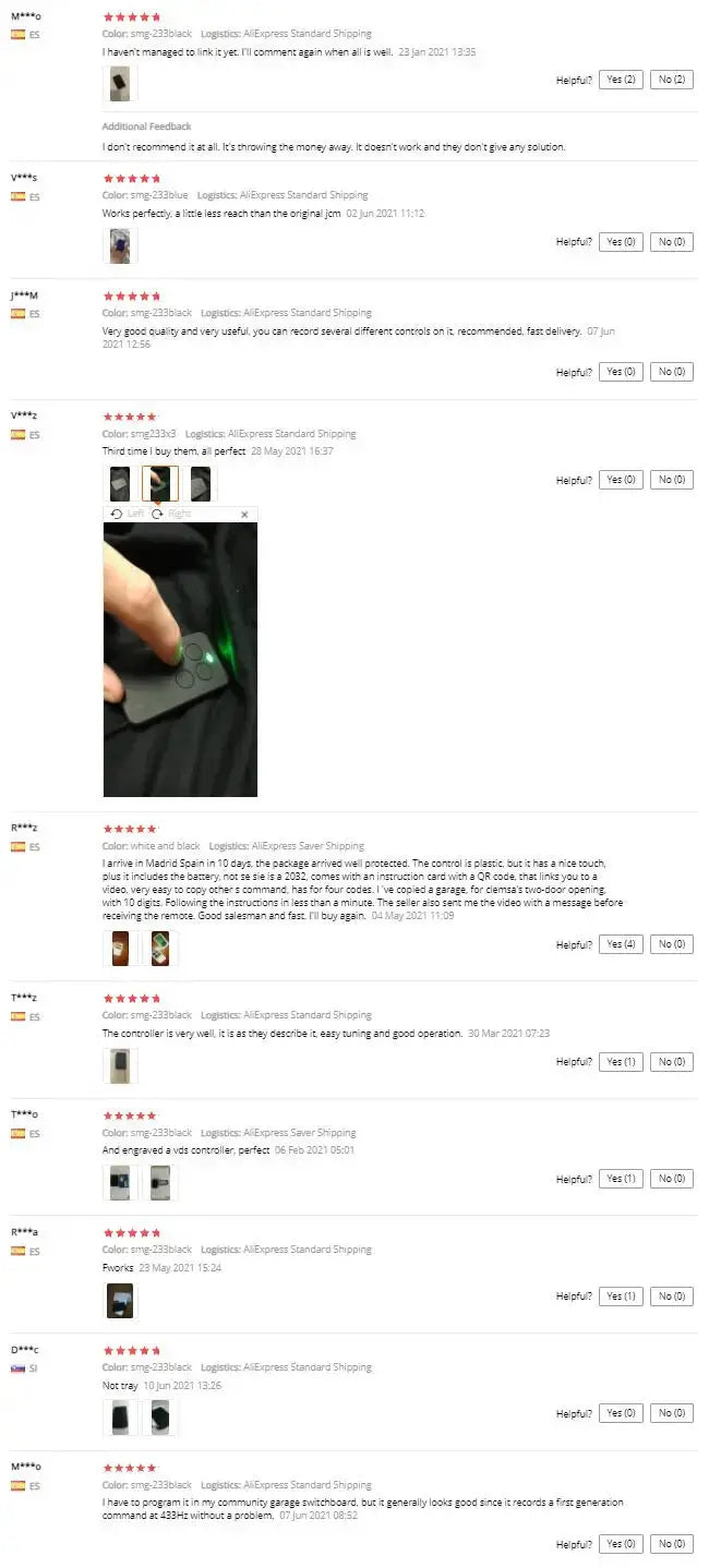 Multi-Frequency universal garage door remote by Simples Market, black keyfob with green LED, shown with review images