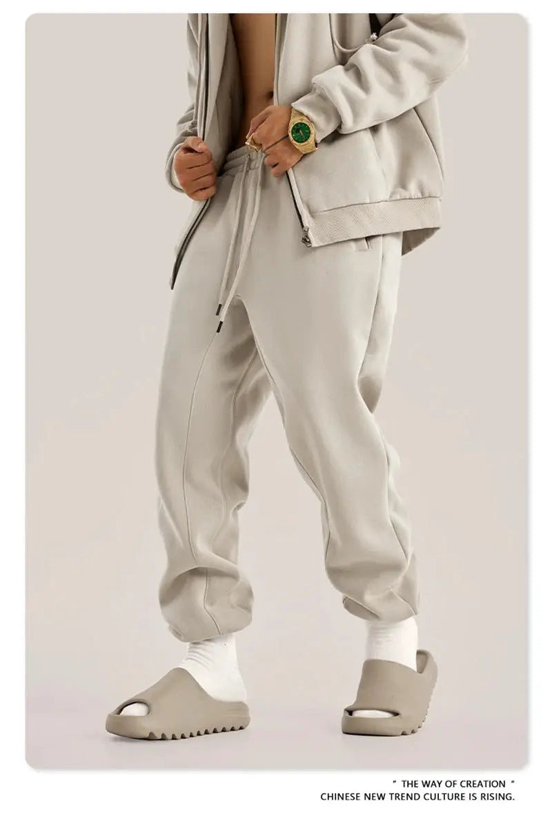 ZODF Trendy fleece sweatpants, unisex beige 345gsm joggers with drawstring and cuffed ankles