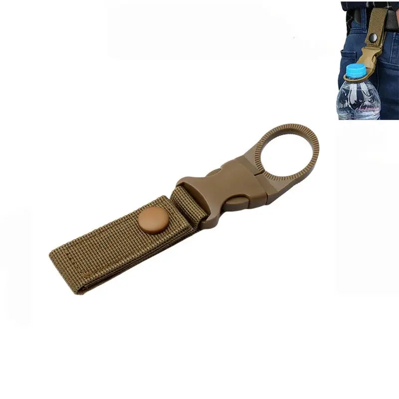 Molle water bottle pouch in tan with a nylon strap and mounting ring for tactical gear