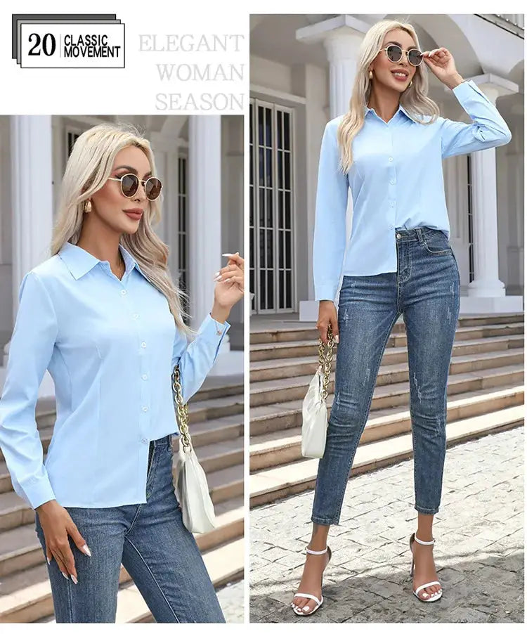 Women Elegant Solid Button Shirt Chiffon Blouse in light blue with long sleeves — Simples Market