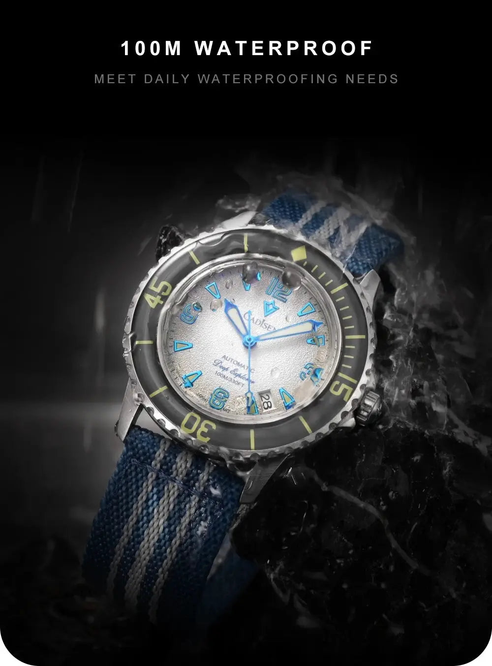 CADISEN Deep Explorer automatic watch with blue canvas strap and luminous blue hands