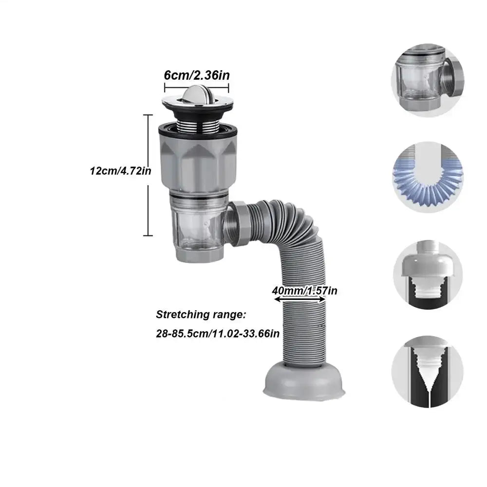 Simples Market retractable anti-odor drain pipe filter for kitchen sink with flip-top cap and flexible gray downspout