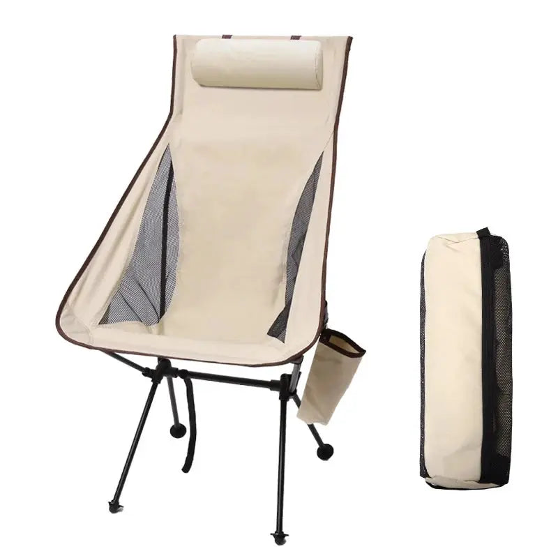 WESTTUNE portable folding camping chair with headrest, beige fabric, aluminum alloy frame