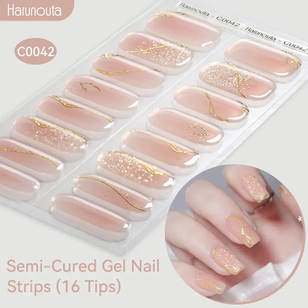 Harunouta semi-cured gel nail strips, gradient pink nude with gold foil lines, 16 tips
