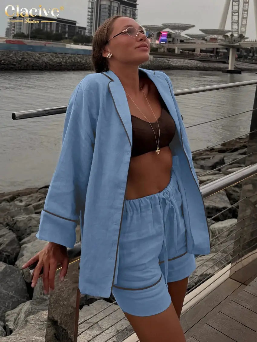 Blue Cotton Two Piece Set Women With Long Sleeve And High Waist Shorts