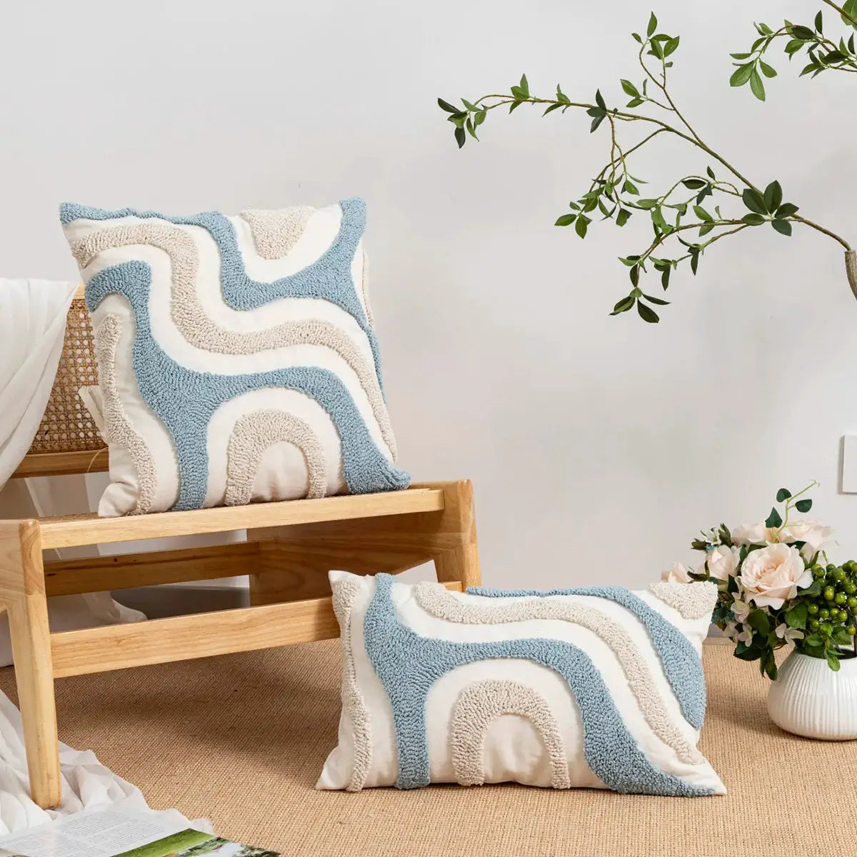 Velvet pillowcase by Simples Market, 1pc blue and beige irregular geometric loop pattern, Bohemian style