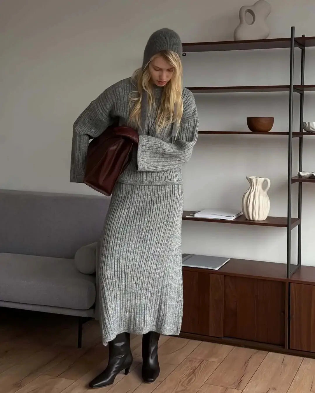 Hirsionsan Two Piece Set Women Polo Neck Cardigan And Midi Dress