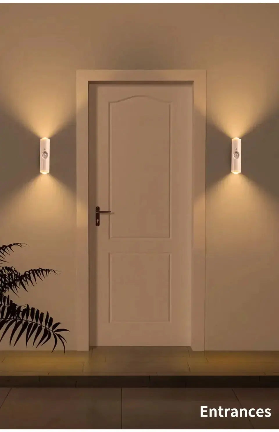 Smart RGB gradient wall light pair with motion sensor, rechargeable; white finish, beside a door with warm sunset glow