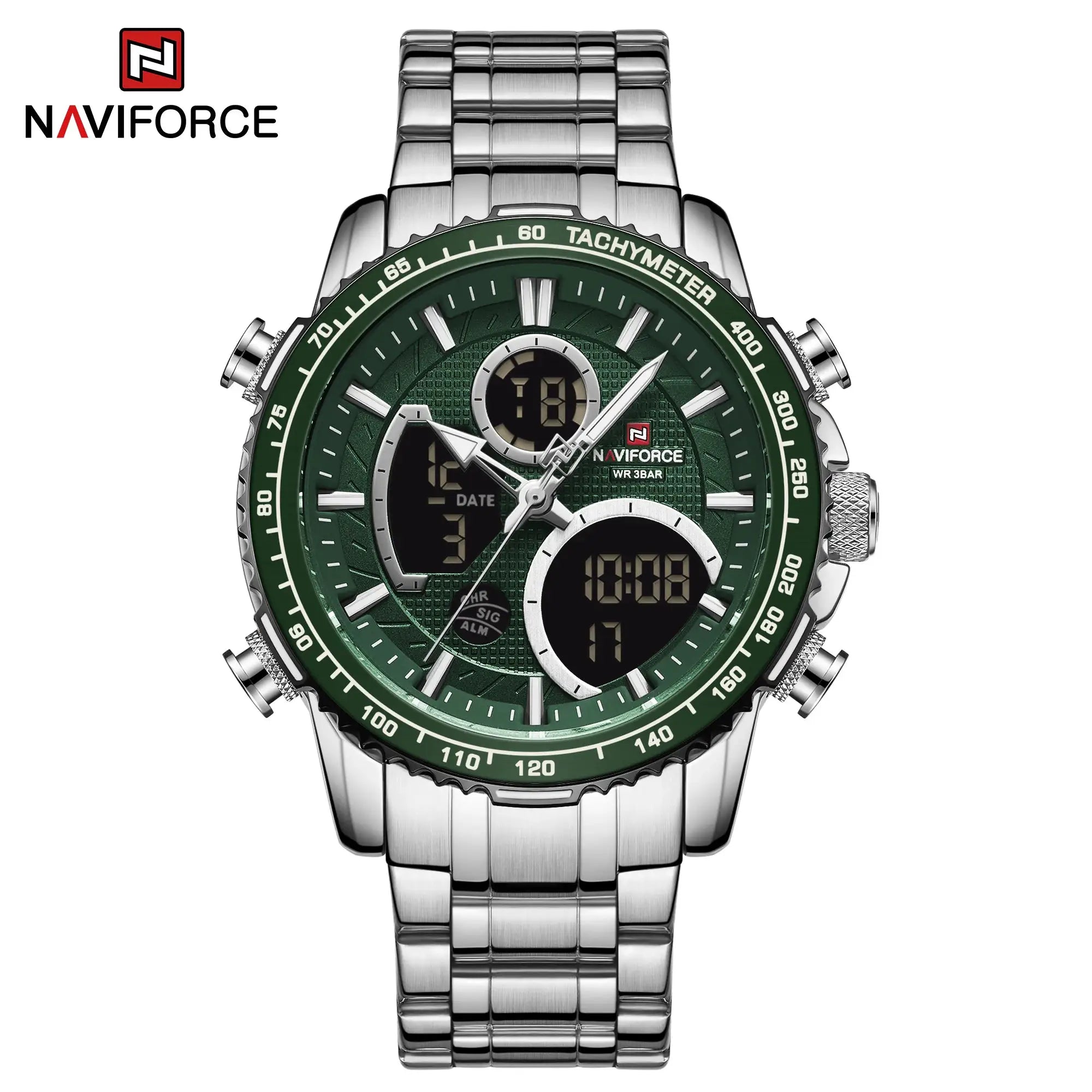 Naviforce men's stainless steel sport watch with green dial and tachymeter bezel