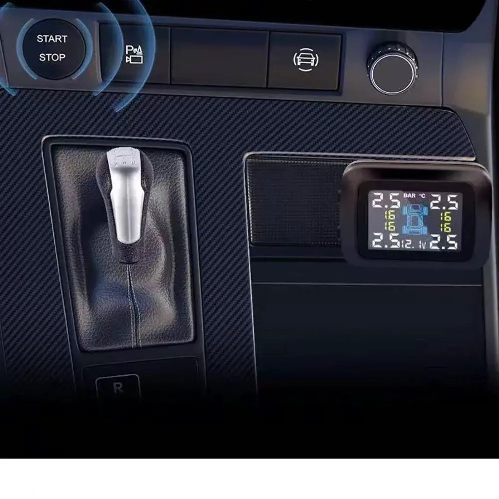 Car TPMS system with four sensors; compact in-dash tire pressure and temperature monitor.