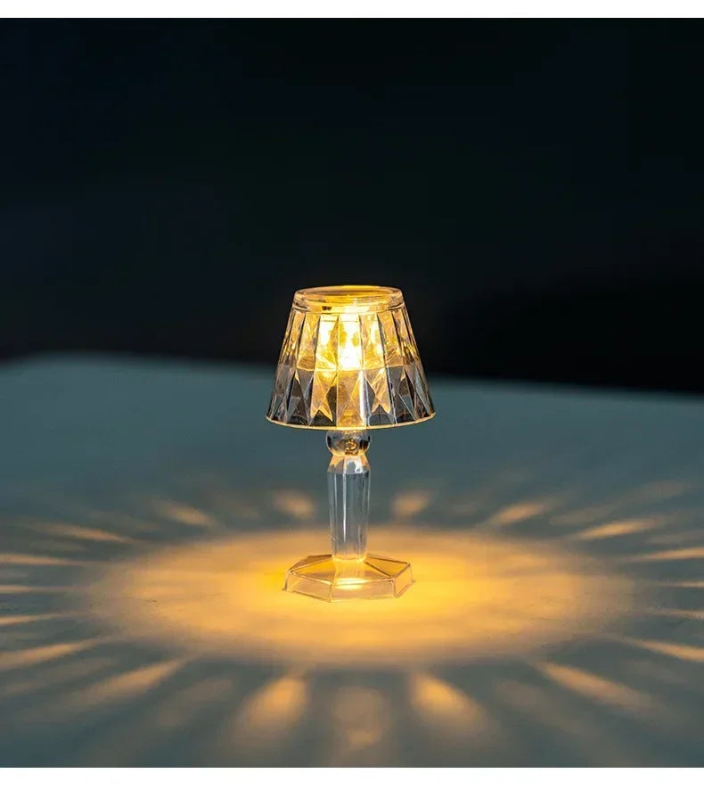 Mini crystal table lamp; clear crystal shade, LED night-light, battery-powered by Simples Market.