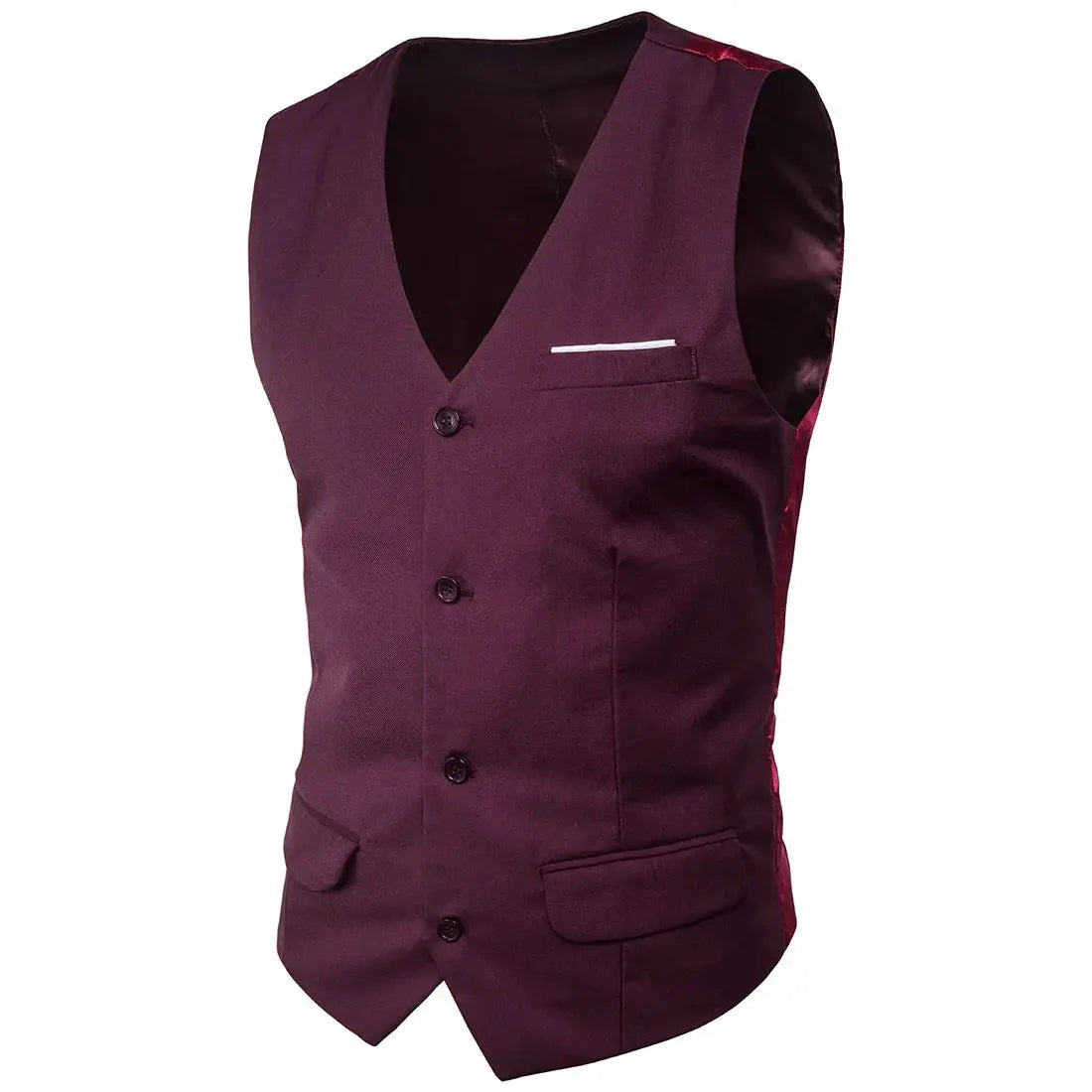 Men's burgundy suit vest waistcoat by Simples Market with white pocket square