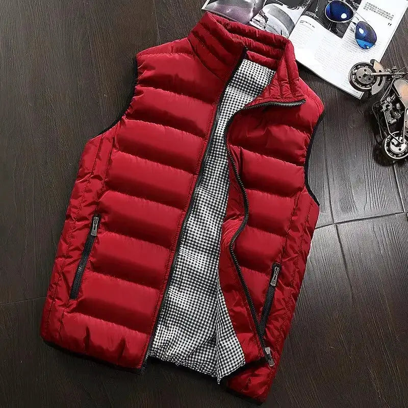 Men's red windproof puffer vest, sleeveless jacket with zip pockets and checkered inner lining