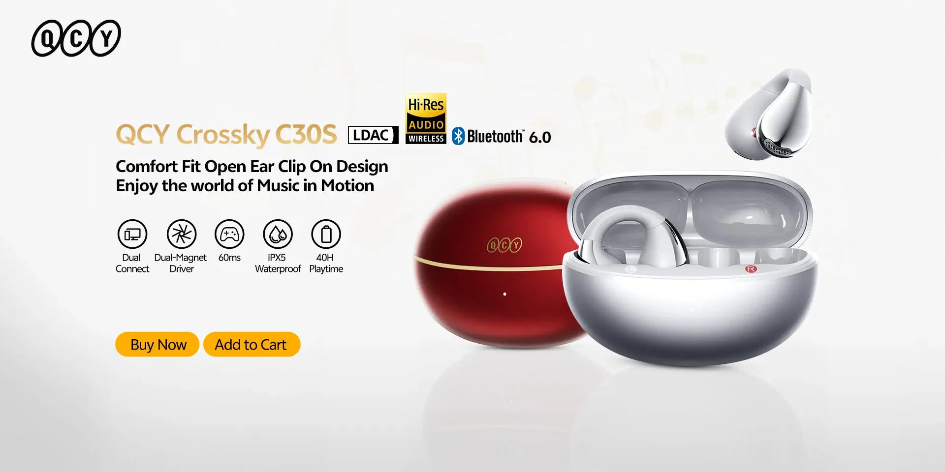 QCY Crossky C30S open-ear wireless earphones with charging case, white, LDAC, Hi-Res, Bluetooth 6.0