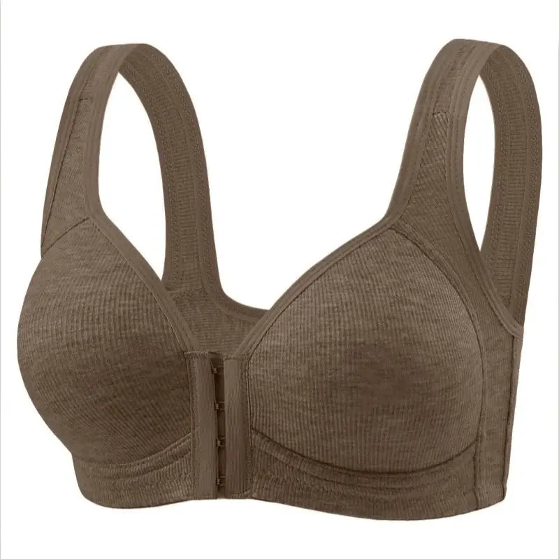 Women's brown wire-free front-closure bra with full-coverage cups.