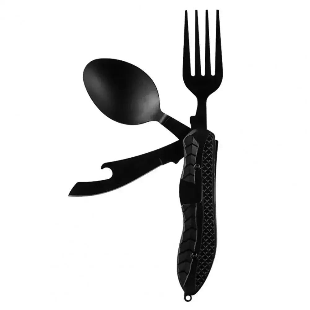 Three In One Multi Tool Camping Folding Knife Stainless Steel Spoon Fork Bottle Opener Hook Design Comfortable Grip