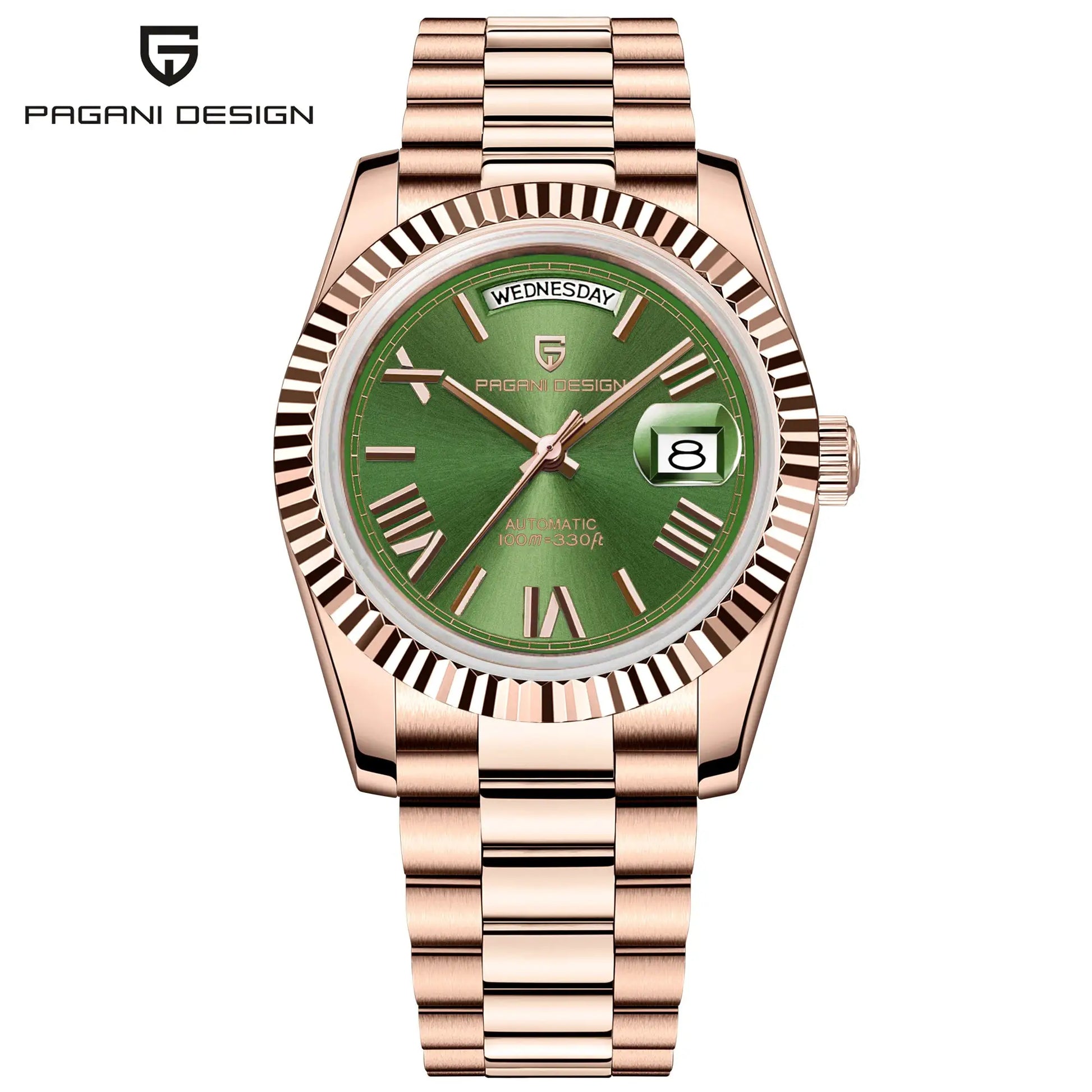 Pagani Design DD36 men's rose-gold automatic watch with green dial and date window