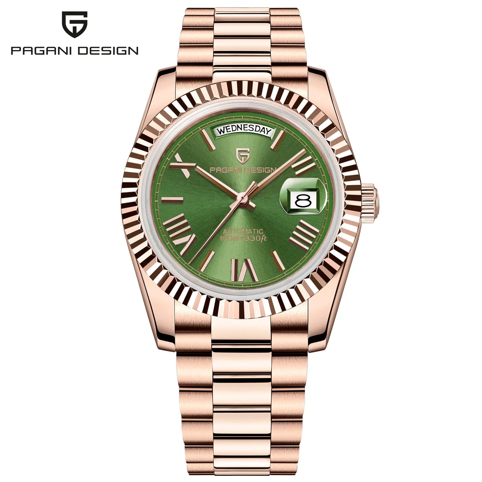 Pagani Design DD36 men's rose-gold automatic watch with green dial and date window
