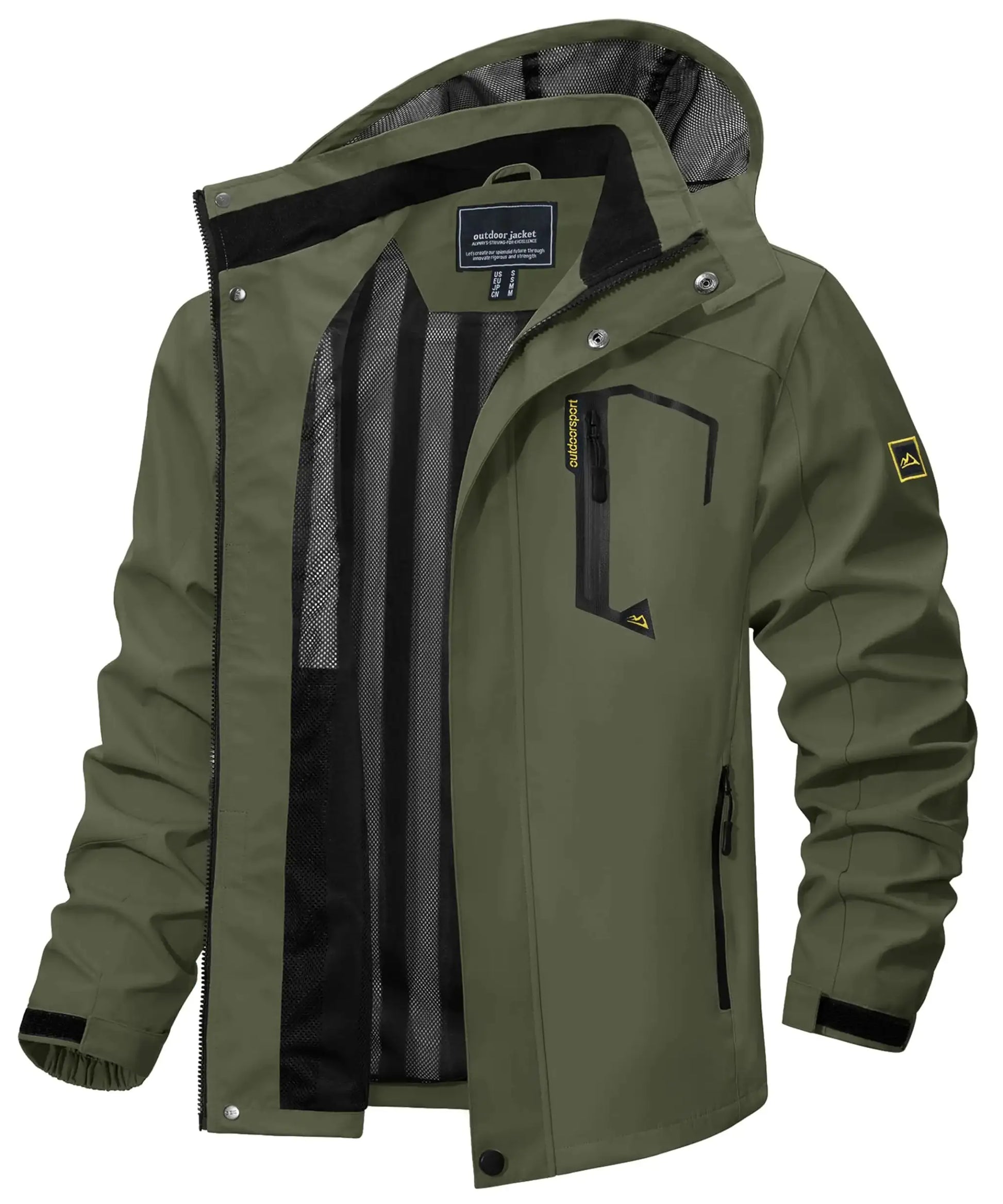 TACVASEN olive green hooded lightweight waterproof rain jacket with mesh lining for men
