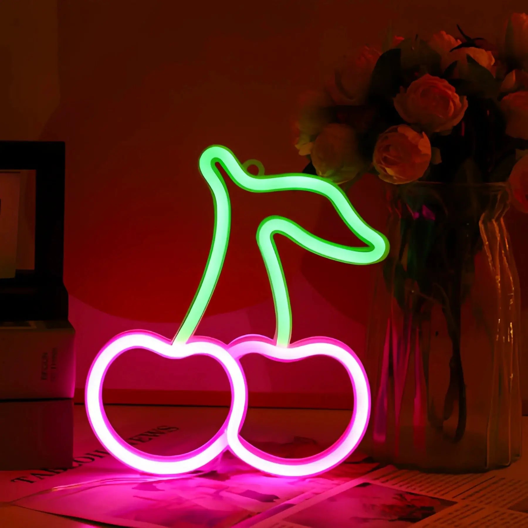 Simples Market cherry neon LED logo light with a pair of pink cherries and green stems; USB or battery powered.