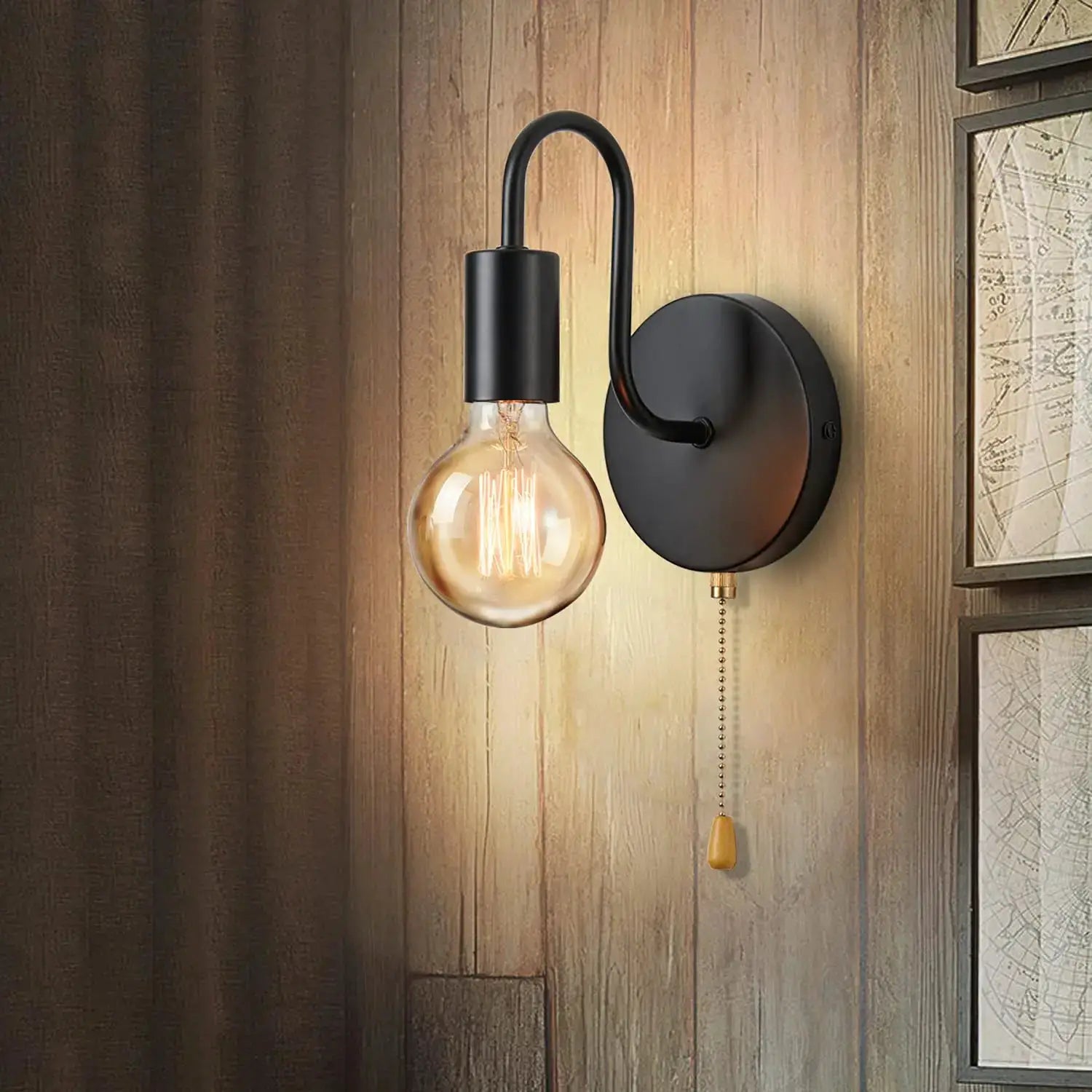 Nordic industrial black iron wall lamp with curved arm and vintage Edison bulb