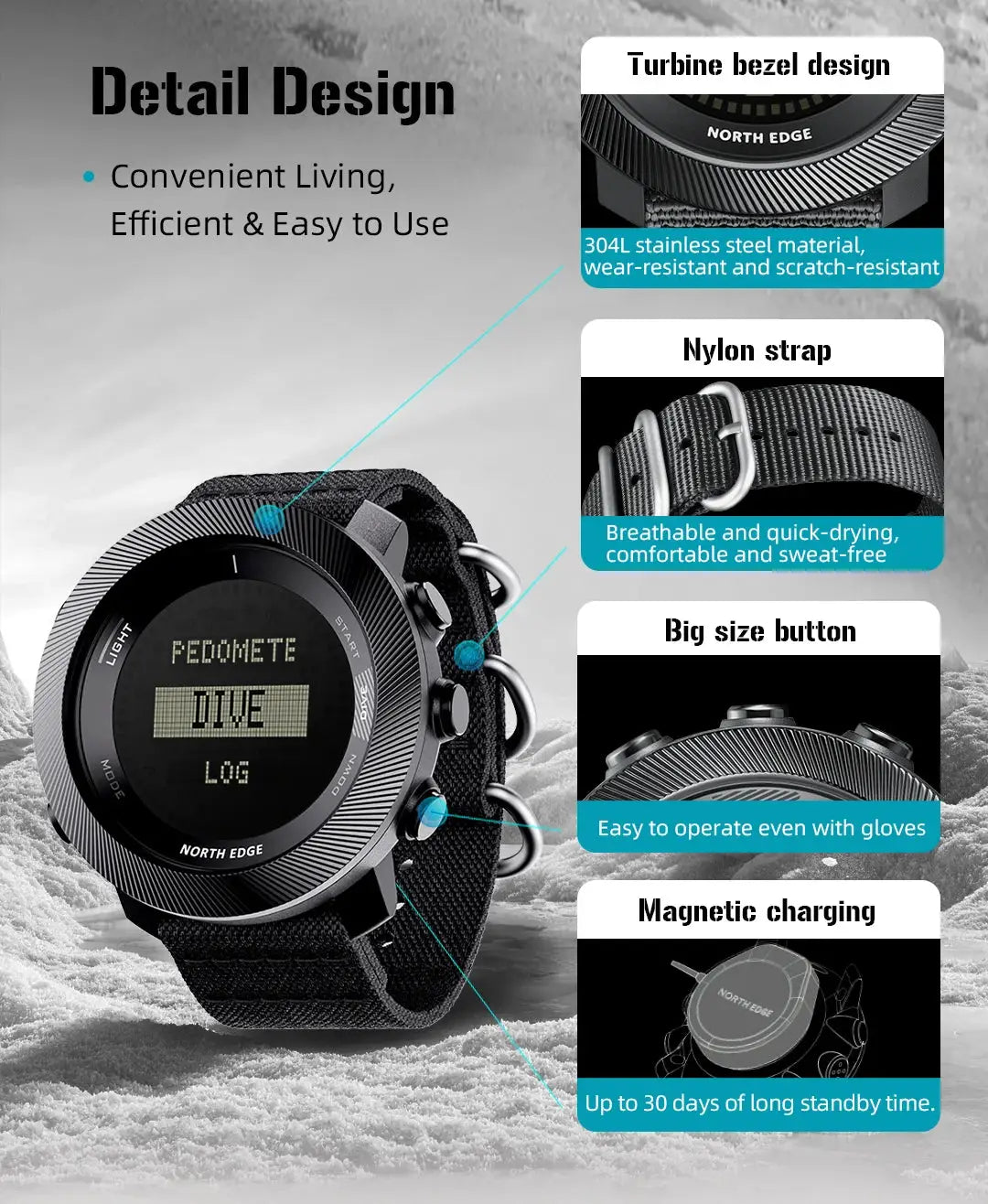 North Edge Apache-D men's digital dive watch with black nylon strap, 100M waterproof, barometer and compass