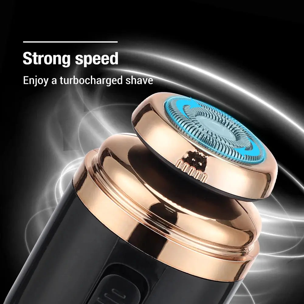 Mini travel electric razor with rose-gold top, blue ring, and black handle