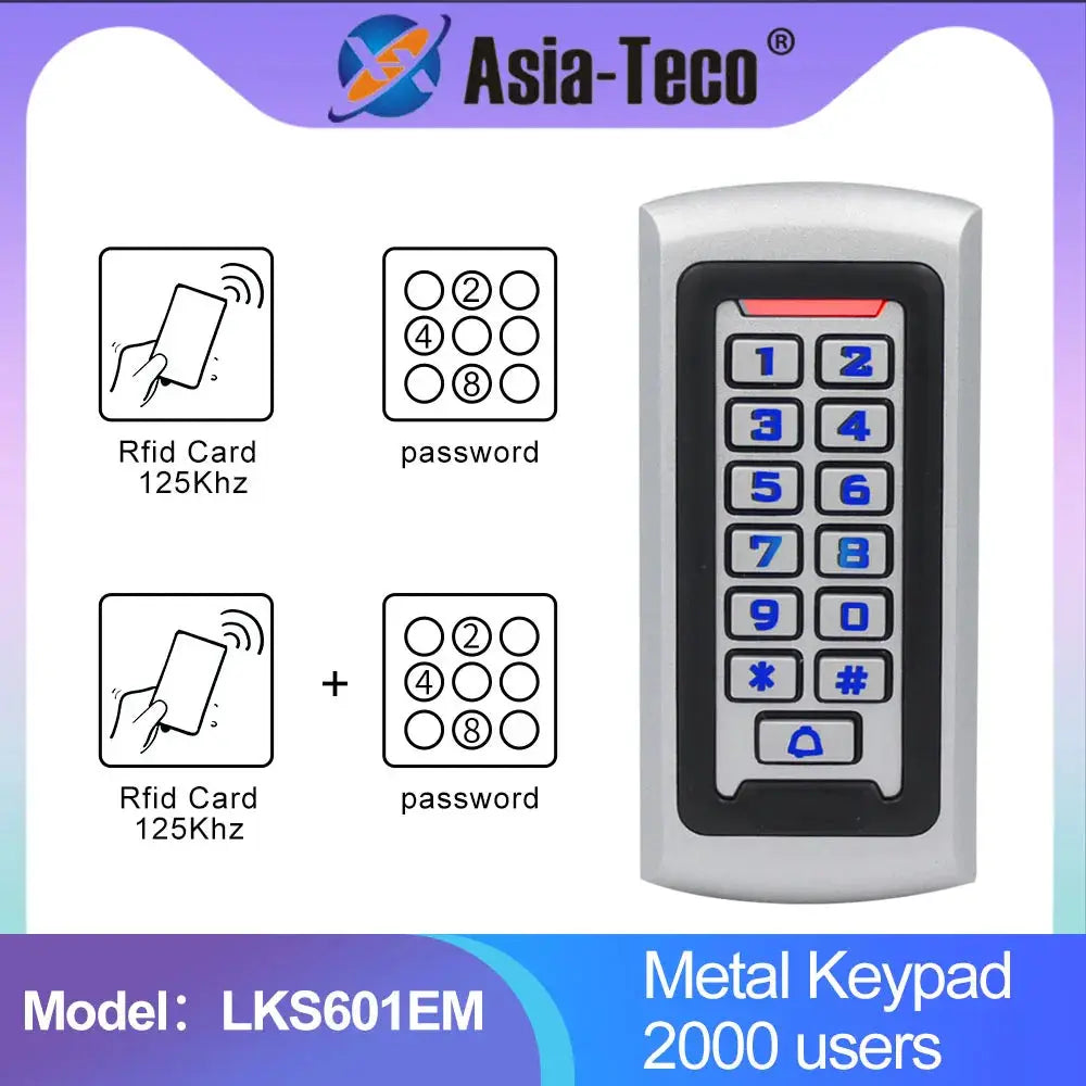 Metal keypad with LED backlight and RFID reader (125kHz), Asia-Teco, model LKS601EM, 2000-user access control system