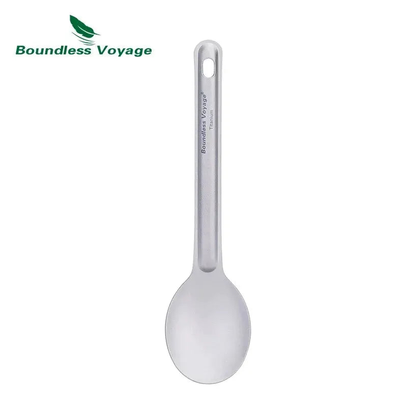 Titanium spoon by Boundless Voyage; silver reusable camping cutlery