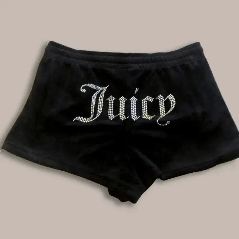 Women's shorts with Juicy rhinestone logo on black fabric, elastic waistband, retro Y2K style