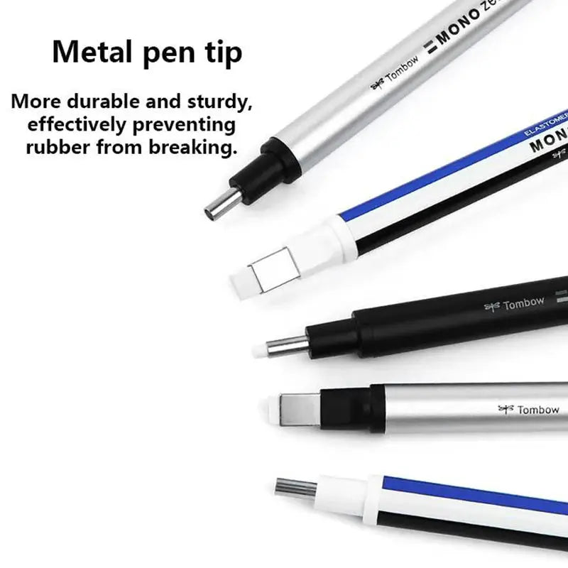 Tombow metal pen tip eraser pens set (5 pens), silver, white and black bodies with blue accents