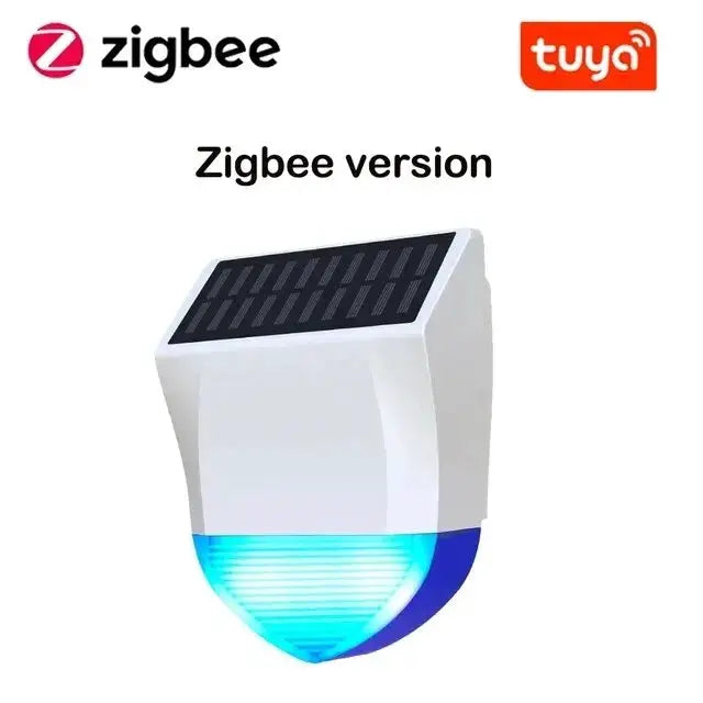 Tuya Zigbee outdoor siren alarm with solar panel, USB power option; white housing and blue beacon