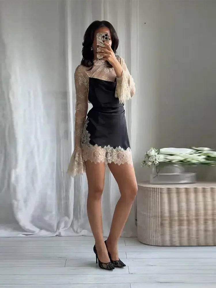Elegant Satin Dress With Lace Trim For Women High Neck Color Block Y2K