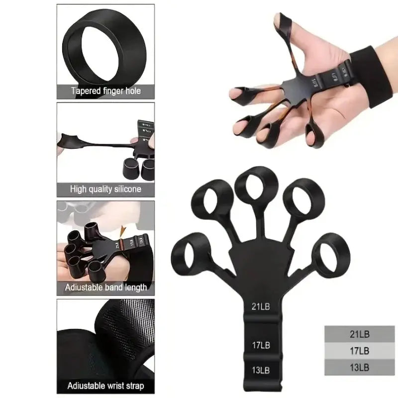 Simples Market five-finger silicone hand grip trainer with adjustable wrist strap and 13/17/21 lb resistance