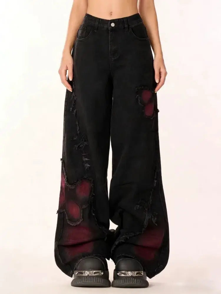 Womens Baggy Butterfly Jeans Vintage 90s Harajuku Denim Trousers