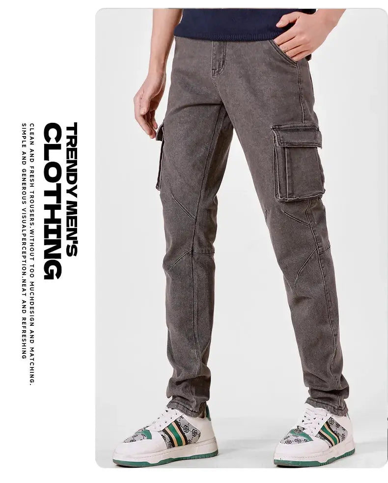 Men's washed gray denim cargo pants, elastic waist, slim fit with multiple pockets, Simples Market